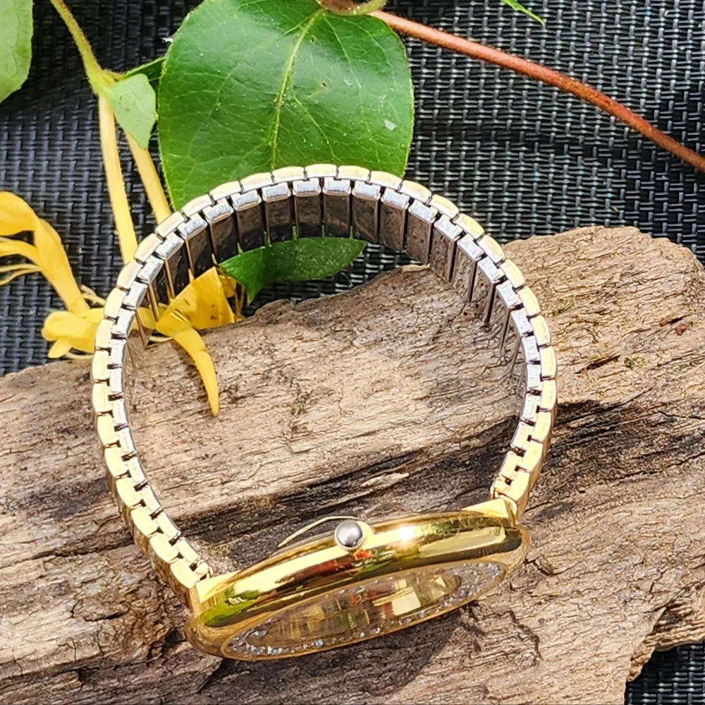 Gold Toned Women's Stretch Band Bracelet Watch with Rhinestone Crystal Accents